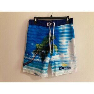 Corona Extra Swim Trunks Shorts Men Size S Small Beer Palm‎ Tree Striped Blue